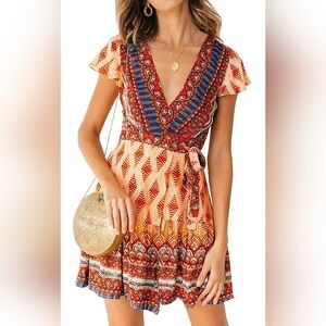 Red and Orange V-Neck Mini Sundress with Flutter Sleeves